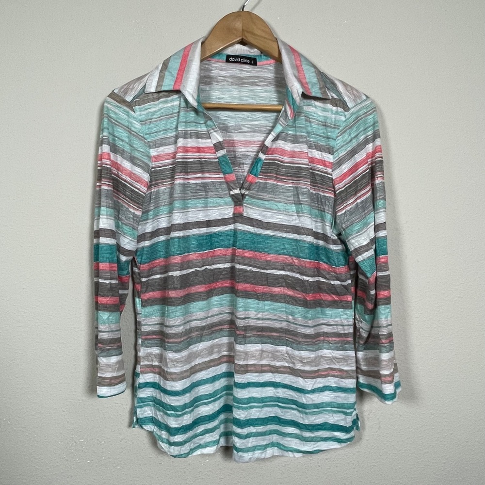 David Cline Malibu Top Women L Multi Color Stripe V-Neck 3/4 Sleeve Slub Knit